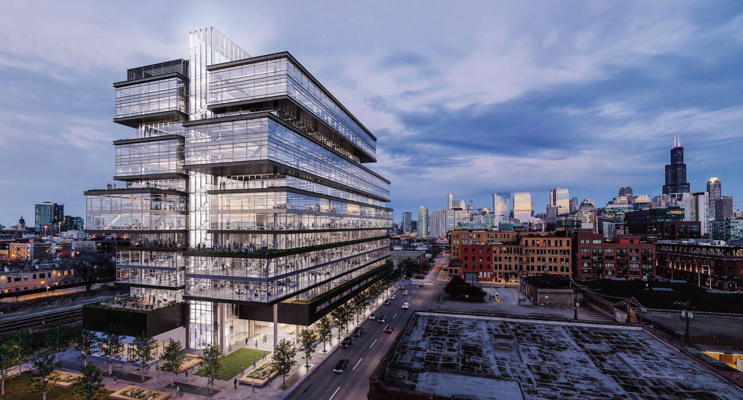 Modern glass office building in downtown Chicago