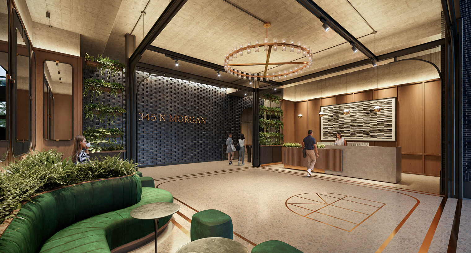 Luxury lobby of 345 N Morgan with green accents and greenery