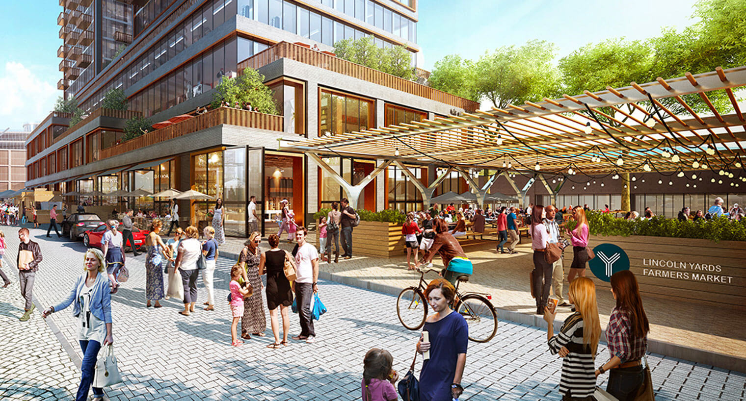 A crowd enjoys the outdoor farmers market at Lincoln Yards