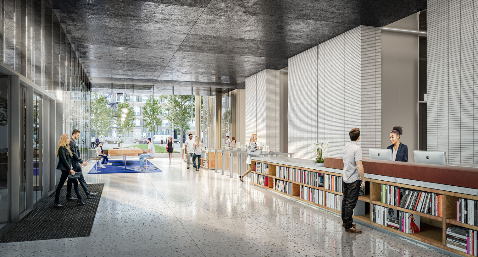 Entrance and reception area of 1200 W Carroll office building