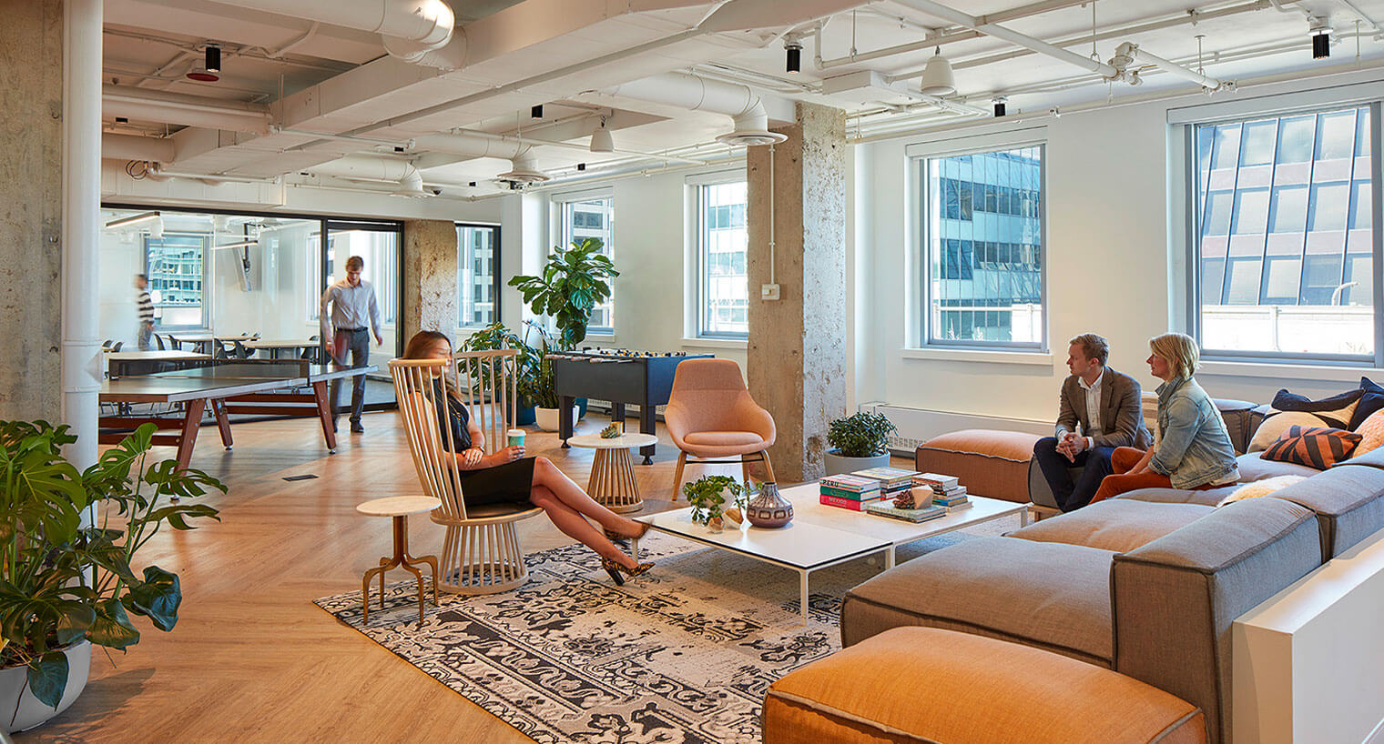 Tenants relax in a communal seating area