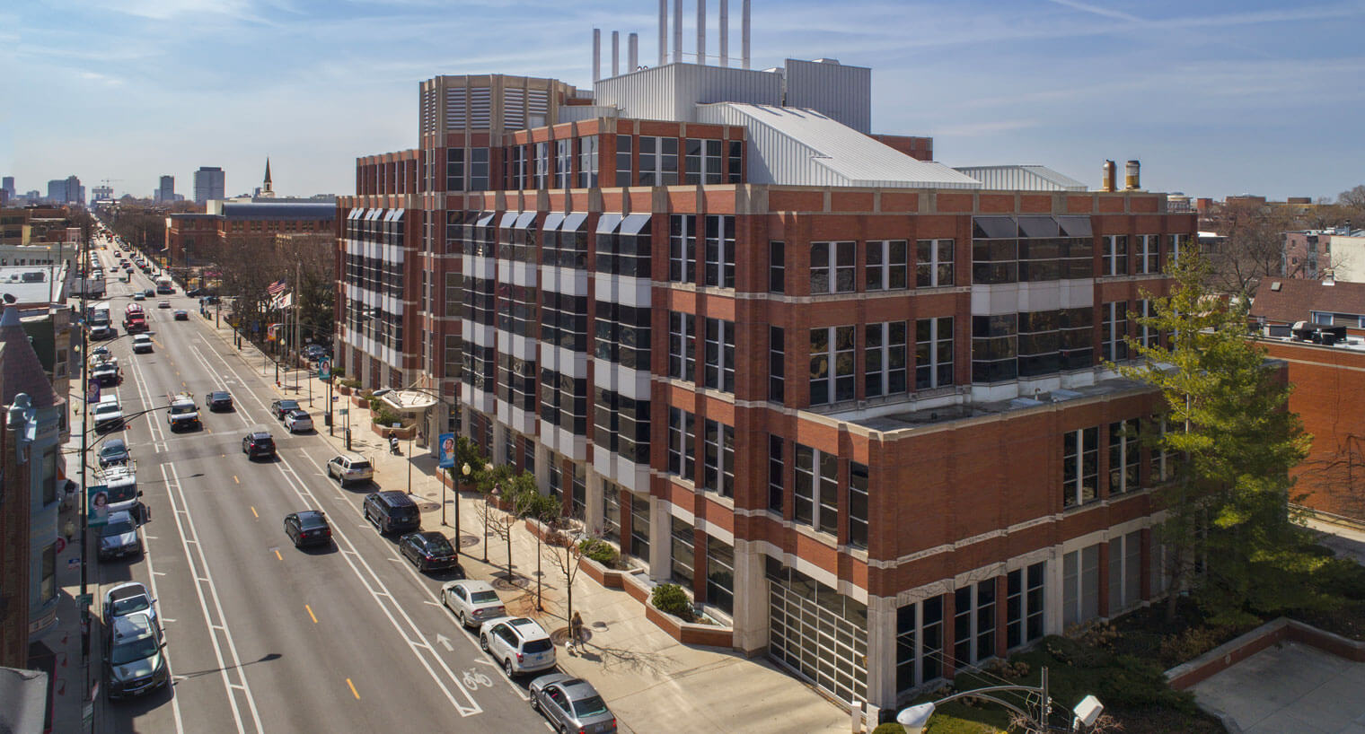 Aerial view of 2430 N Halstead commercial building with brick tower
