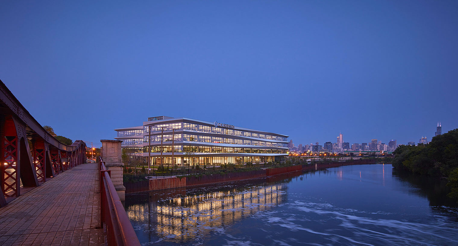 CH Robinson exterior view from pedestrian bridge in the evening