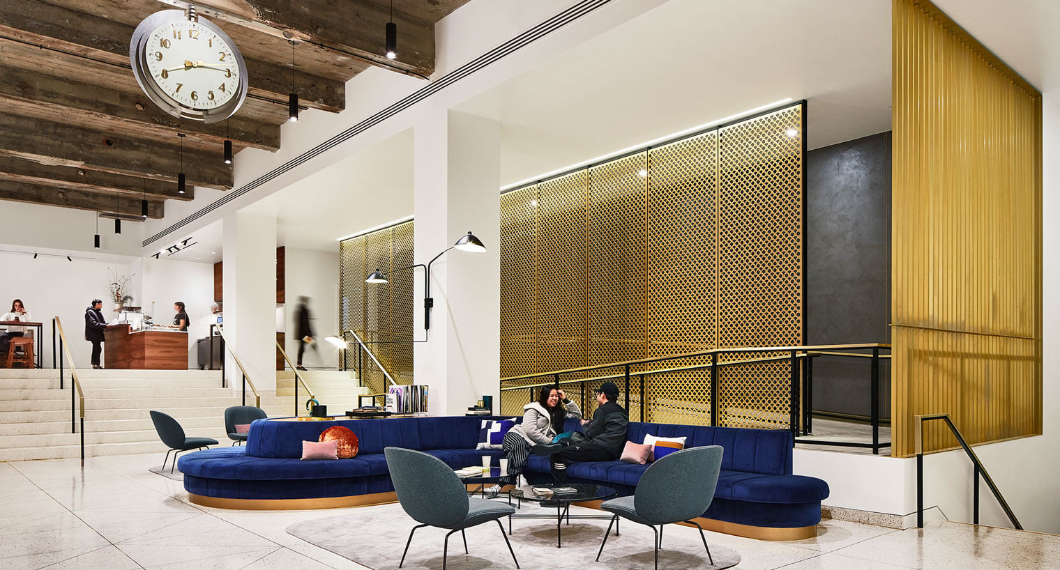 Blue and gold lobby space and reception area of the Meier and Frank building