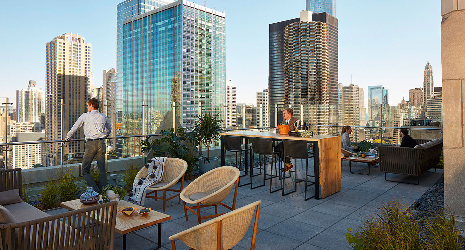 Tenants enjoy a terrace with downtown Chicago views