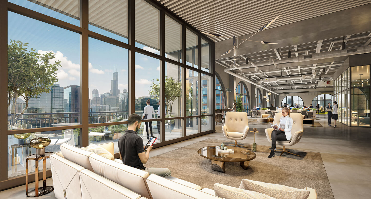 Tenants relax in communal seating area with floor to ceiling windows