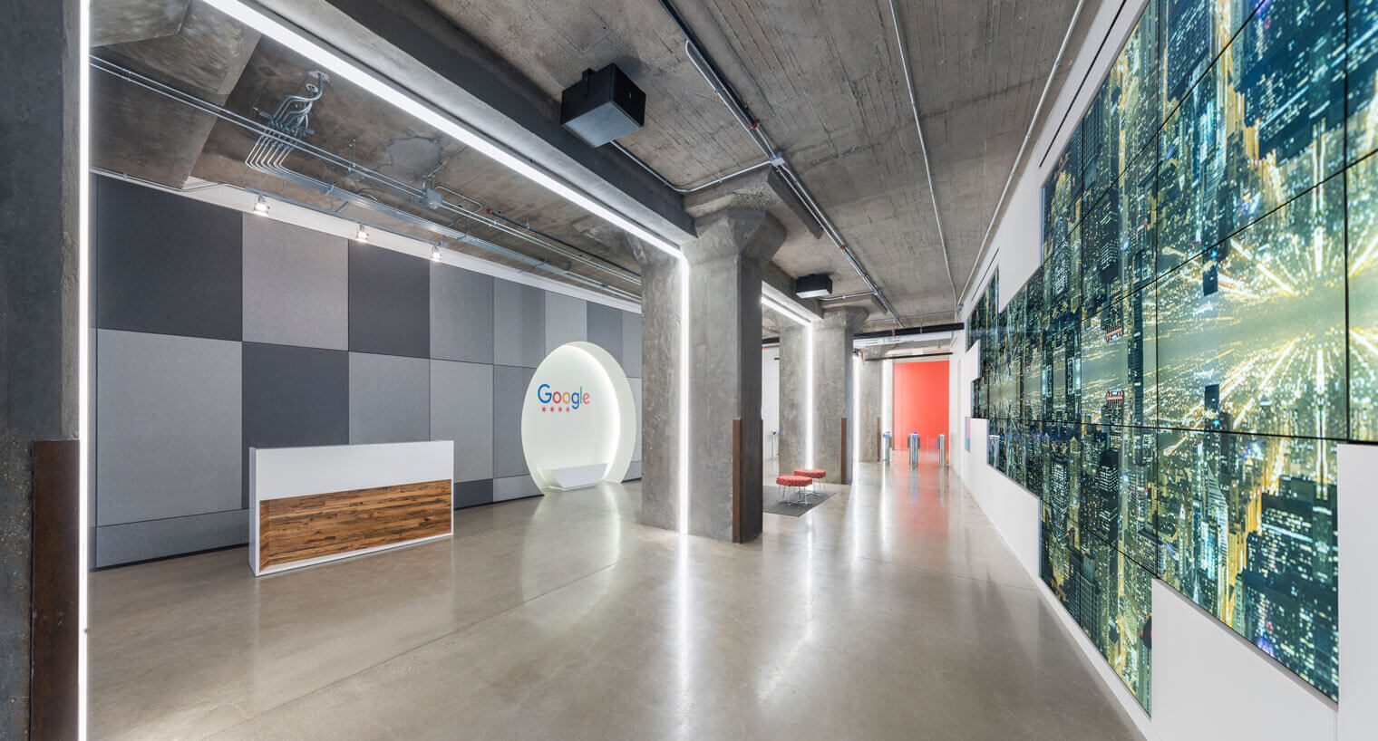 tech-inspired interior space for Google with finished cement
