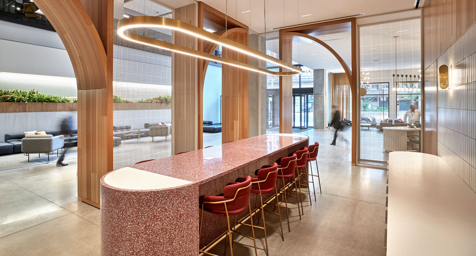 Interior view with pink granite counter at McDonald's HQ in downtown Chicago