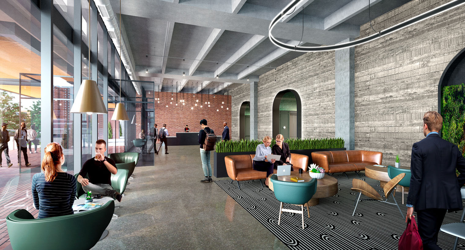 A crowd uses the reception area of The Assembly