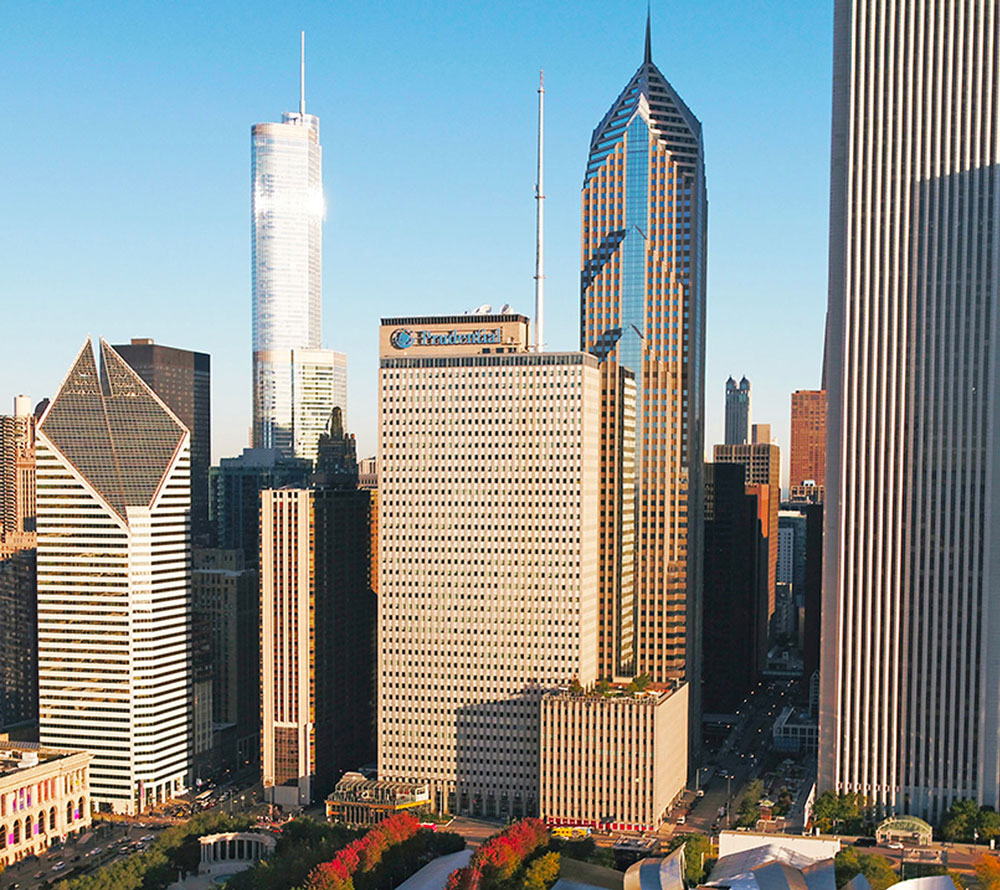 One Two Pru commercial tower with Chicago skyline