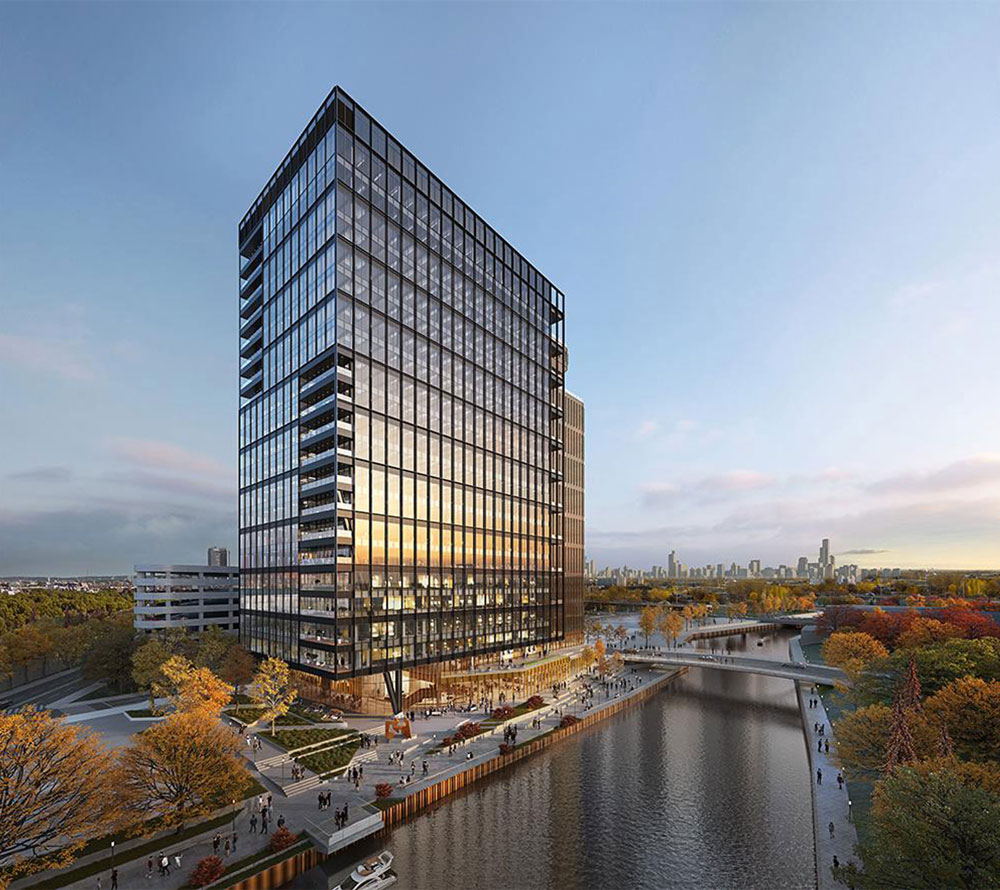 Waterfront multi-story glass office building with black trim
