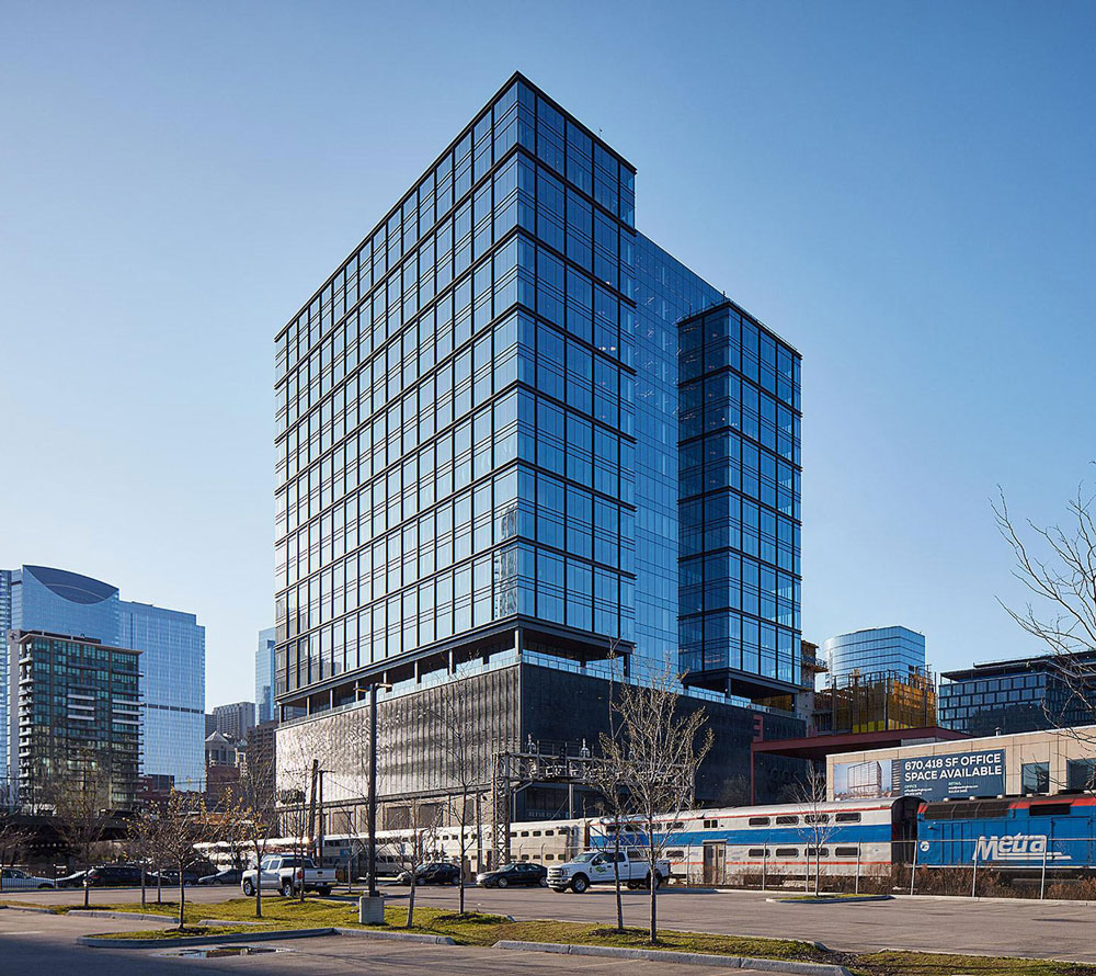 Exterior view of the glass 333 North Green building