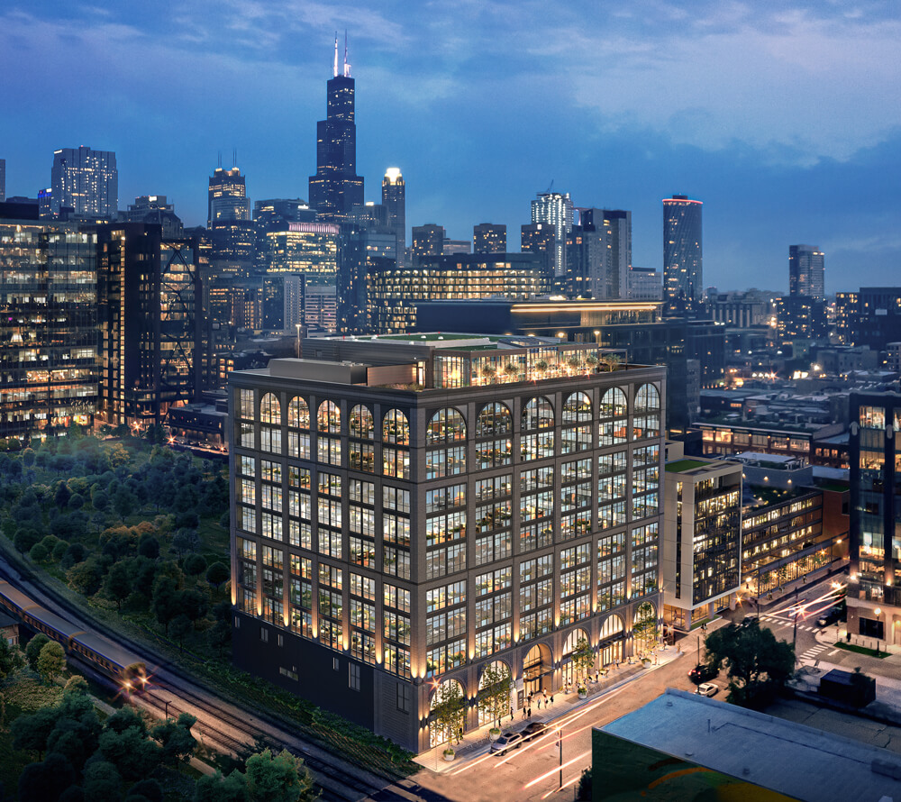 Exterior view of the 345 N Morgan building with Chicago skyline