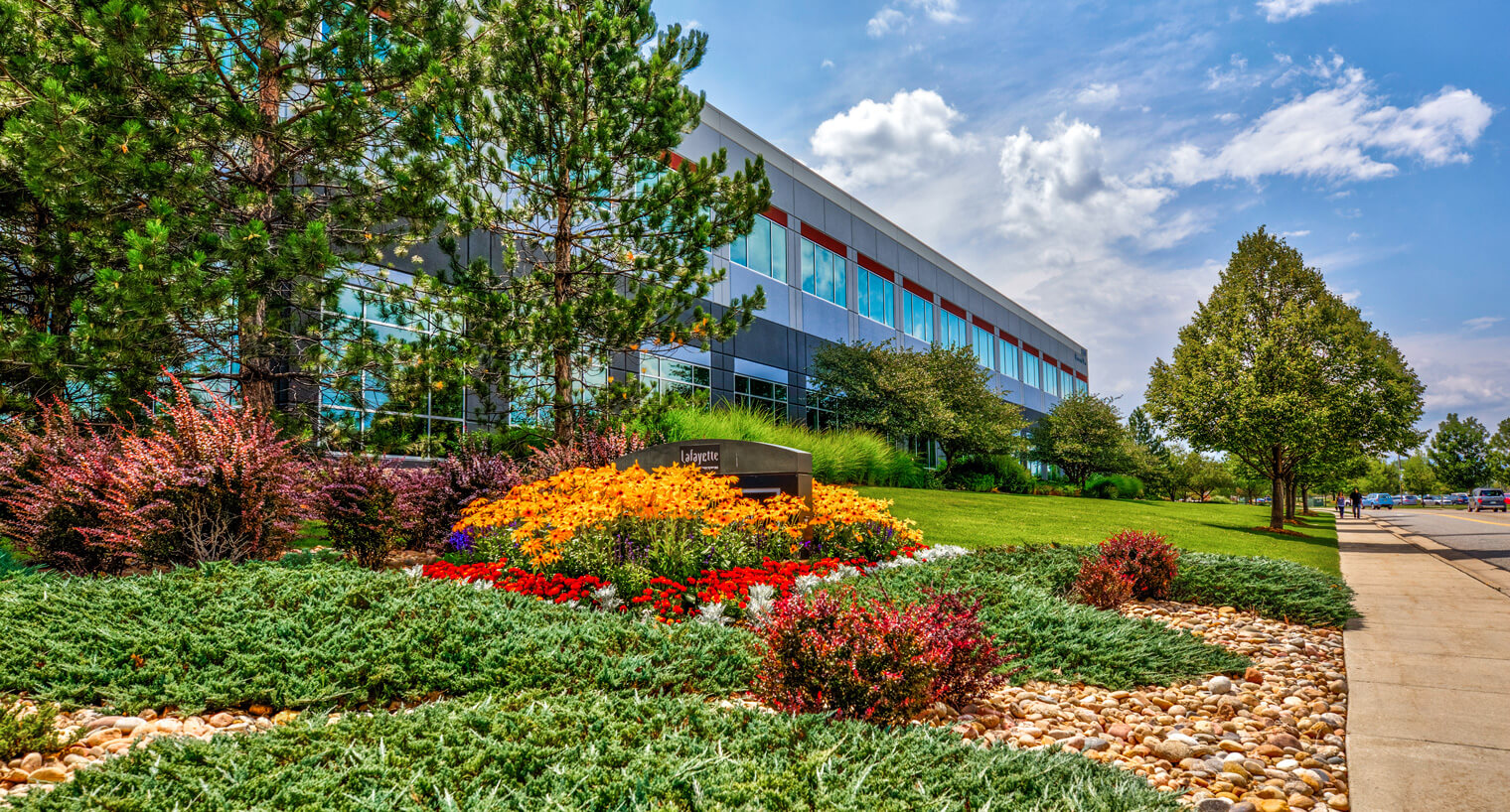 Colorful outdoor garden of the Lafayette corporate campus