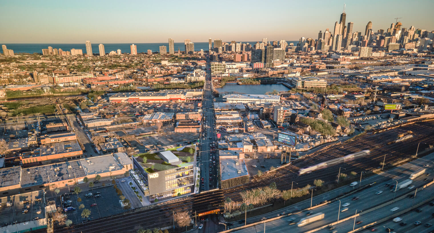 Drone view of North Avenue and the city of Chicago