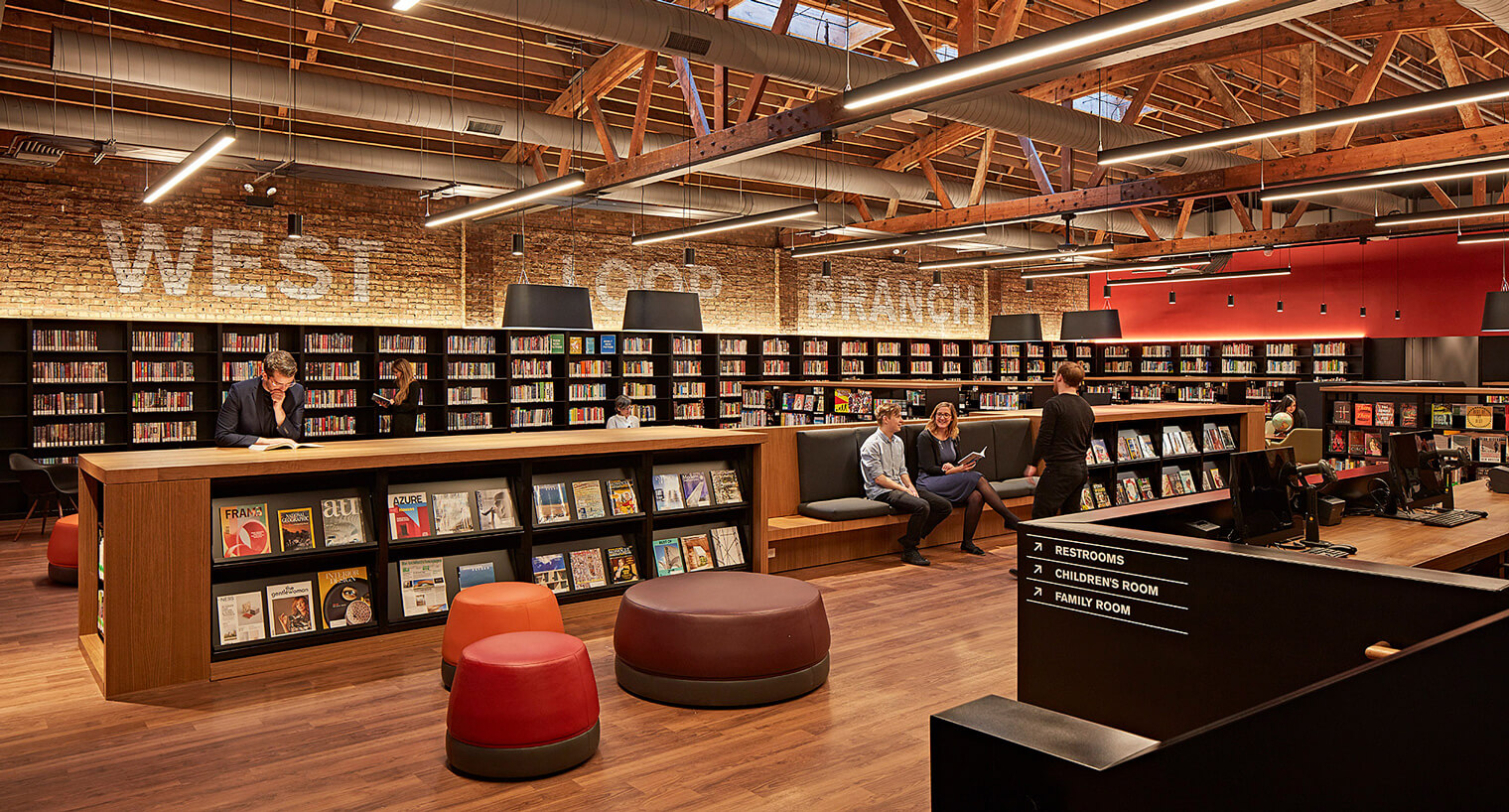 Chicago library with exposed wooden beams and black metal